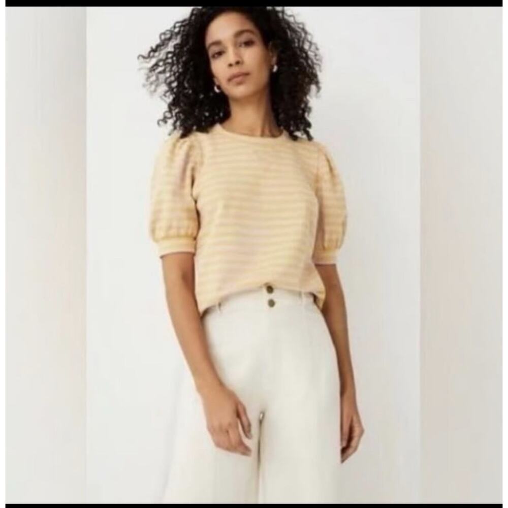 Ann Taylor Small Striped Puff Sleeve Tee Mustard & Lavender Feminine Casual Chic